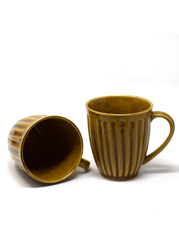 Rustic Tan Yellow Grooved Mugs- Set of 2