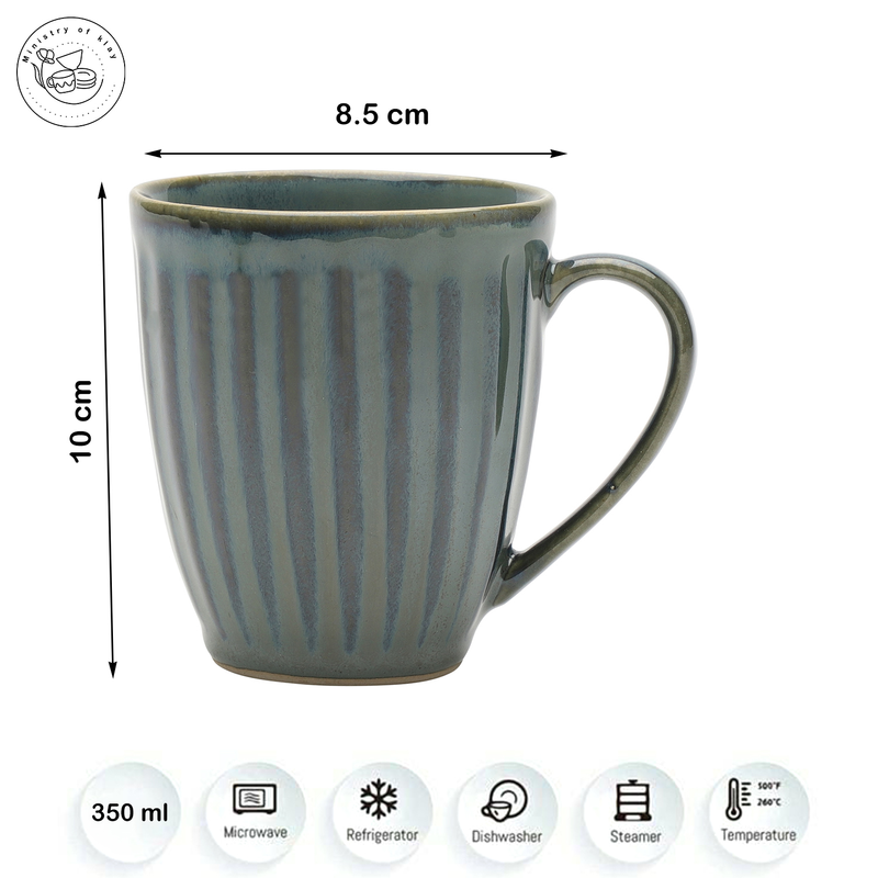 Ministry Of Klay Forest Green Groved Ceramic Coffee Mugs / Microwave Safe, Set of 2, 350ml each