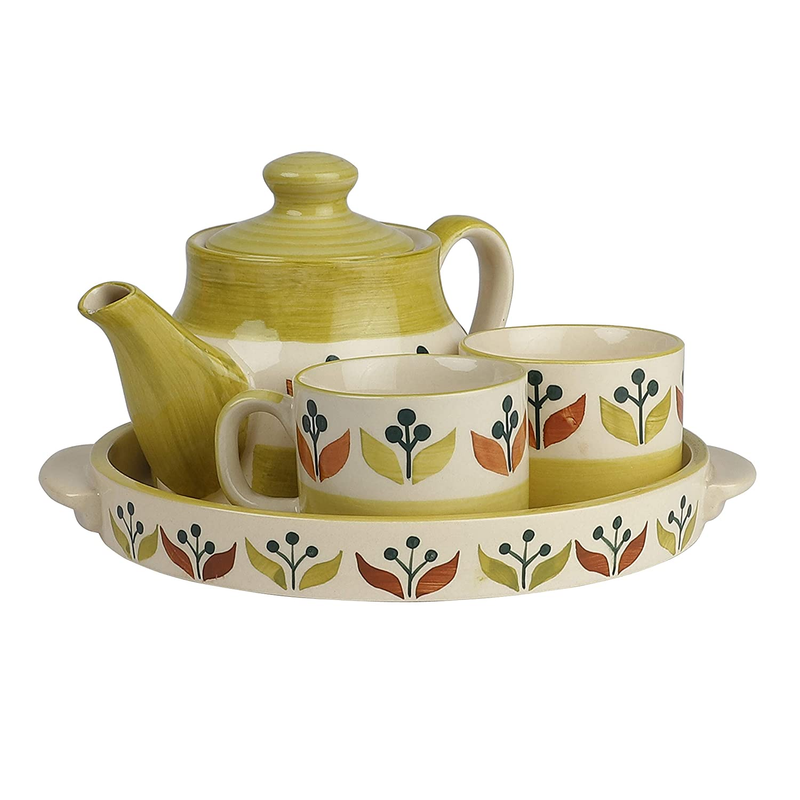 The Decor Lane Ceramic Heat Resistant Kettle Set (Morning Tea Set | 1 Kettle | 1 Tray | Tea Cup 2 Piece)